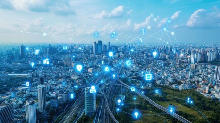 Poster - Smart digital Innovation city with connection network reciprocity over the cityscape. of future smart wireless digital city and social media networking systems that connects people with in city