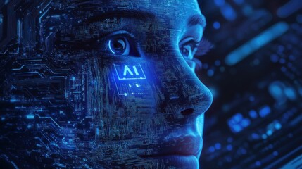 Poster - A human face with AI text on a blue background made from a digital circuit for a web banner.