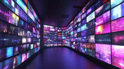 Poster - A highly detailed and vibrant digital wall overflowing with multiple screens showcasing various data, representing technology and the information age.
