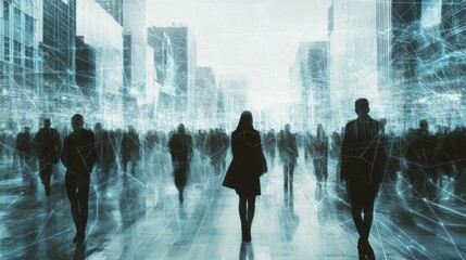 Poster - Businesspeople strolling through a futuristic urban landscape connected by network communication technology
