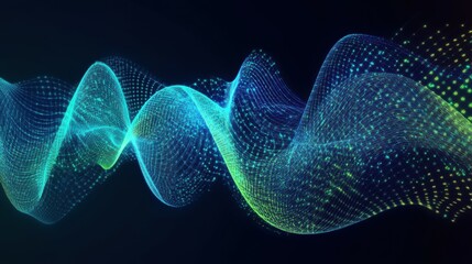 Poster - A futuristic, abstract background featuring glowing blue and green lines and shapes, representing advanced medical or scientific concepts. The design is sleek and high-tech