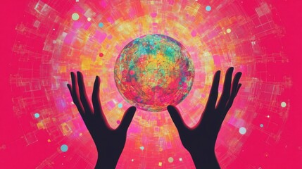Poster - Two hands reach towards a digital sphere of abstract patterns against a pink background.