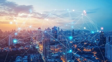 Poster - Smart digital Innovation city with connection network reciprocity over the cityscape. of future smart wireless digital city and social media networking systems that connects people with in city