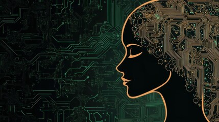 Poster - Woman's head and head silhouette with microcircuit patterns