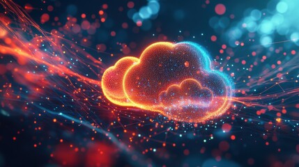 Poster - Abstract representation of cloud computing with a glowing cloud symbol composed of data and surrounded by a network of glowing lines and dots.