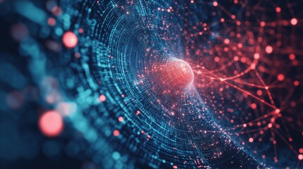 Poster - Big data technology and data science illustration. Data flow concept. Querying, analysing, visualizing complex information. Neural network for artificial intelligence. Data mining. Business analytics