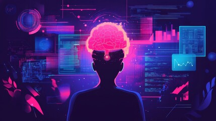 Poster - Big data technology and data science illustration. Data flow concept. Querying, analysing, visualizing complex information. Neural network for artificial intelligence. Data mining. Business analytics