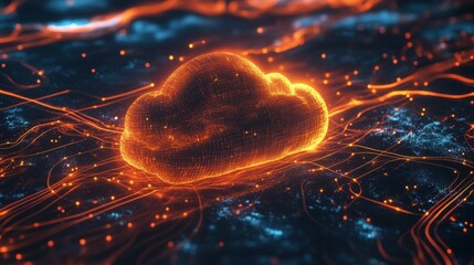 Poster - Abstract representation of cloud computing with a glowing cloud symbol composed of data and surrounded by a network of glowing lines and dots.
