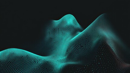 Poster - Flowing dots particles wave pattern 3D curve halftone blue green gradient curve shape isolated on black background. Vector in concept of technology, science, music, modern.