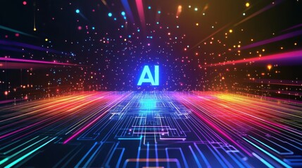 Poster - AI word on microchip and colorful light spread with strong beam , AI concept with copyspace banner background,