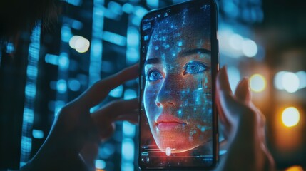 Poster - Deep fake. Deepfake AI photo or video in phone. Face swap. Artificial intelligence edit to picture. Machine learning or fraud. Identity theft. Synthetic facial detection and editor in smartphone.