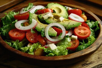 Wall Mural - A vibrant, fresh salad with a variety of vegetables including tomatoes, onions, lettuce, and sliced avocados. The dish is garnished with a sprinkle of crumbled cheese and appears to be served in a