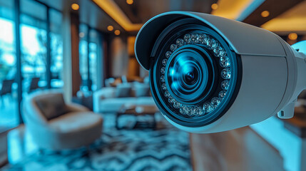 Poster - Close-up of a security camera in a modern living room with a blurred background