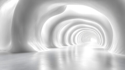 Poster - A white futuristic tunnel with curved organic shapes and soft glowing light creating an ethereal atmosphere