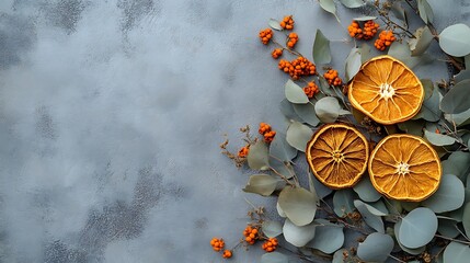 Canvas Print - Dried oranges, eucalyptus, and berries on a gray background.