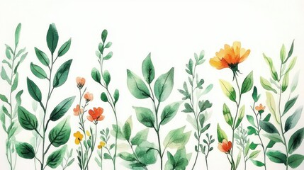 Watercolor Wildflowers and Green Leaves Botanical Border Illustration on White Background