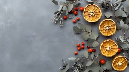 Canvas Print - Dried oranges, eucalyptus, berries on grey background.