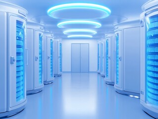 Poster - Futuristic AI research facility with sleek design and glowing blue lights