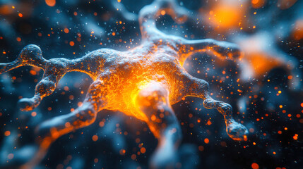 Poster - Digital artistic representation of a neural system with glowing blue and orange nodes