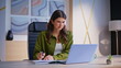 © stockbusters - Successful woman working laptop in modern agency closeup. Smiling businesswoman