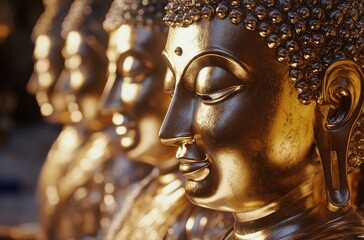 Wall Mural - A group of golden Buddha statues, arranged in rows with the main figure facing forward and their eyes closed.