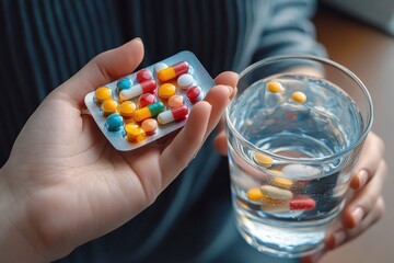 Asian young woman taking painkiller capsules with water at home for flu headache treatment