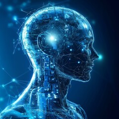 Poster - futuristic digital human head with glowing circuits and data connections, symbolizing advanced technology and artificial intelligence
