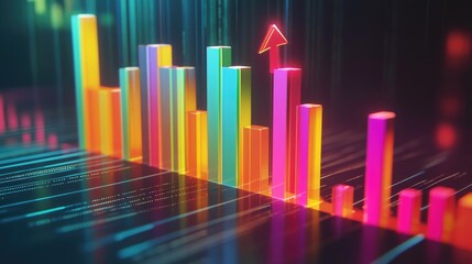 Poster - A D financial bar graph with colorful, rising bars and an arrow pointing upward, symbolizing business growth and success, set against a sleek, digital background.