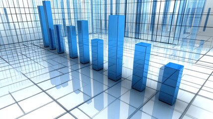 Fototapete - A D financial graph with blue bars and gridlines, showing increasing profit margins over time, with a digital background emphasizing data visualization and growth.