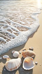 Wall Mural - Stunning close up of sunset beach scene with golden waves and delicate shells on soft sand