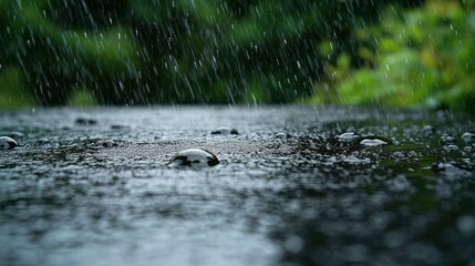 Sticker - Rain drops falling on wet surface, garden background