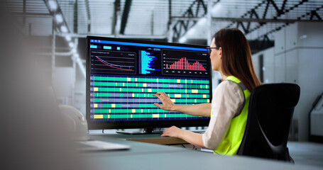 Poster - Young engineer using computer to manage production line at factory