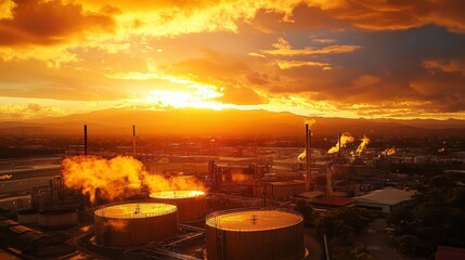 Wall Mural - Sunset over industrial landscape with smokestacks and storage tanks, showcasing environmental impact