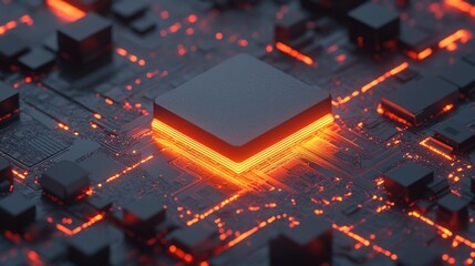 Poster - a close-up shot of a glowing microchip with digital lines extending outward, symbolizing the core of