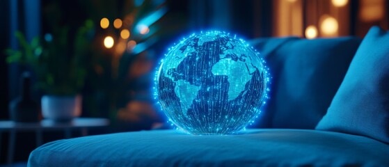 Poster - digital hologram globe projecting vibrant world map in cozy setting