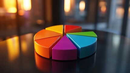Poster - A colorful D pie chart vividly displaying market share distribution, with labeled segments and dynamic shadows, set against a sleek office background, emphasizing data visualization and analysis.