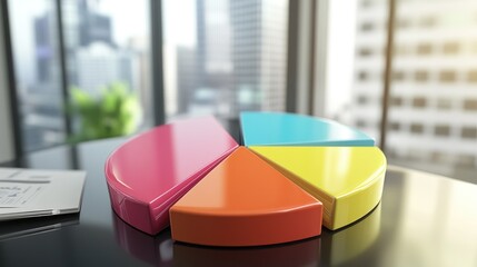 Poster - A colorful D pie chart vividly displaying market share distribution, with labeled segments and dynamic shadows, set against a sleek office background, emphasizing data visualization and analysis.