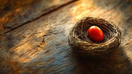 Wall Mural - Red egg in rustic bird nest on wood, sunlit background, Easter