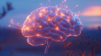 Poster - A conceptual image of a D brain with glowing nodes and connections, representing the generation and exchange of innovative ideas and complex concepts.