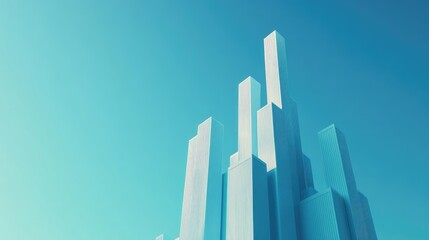 Fototapete - A conceptual shot of a D bar chart in the shape of a rising skyscraper, representing urban growth and economic development, set against a clear blue sky to symbolize ambition and achievement.