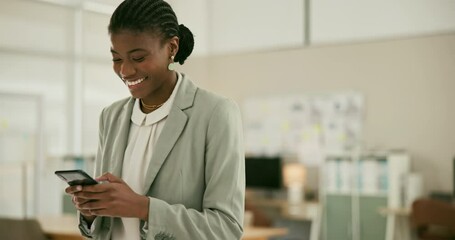 Poster - Happy black woman, phone and walking at office for social media, online networking or communication. African person or employee on mobile smartphone app for business, texting or chatting at workplace