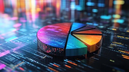 Poster - A detailed D pie chart with metallic slices in various colors, symbolizing data distribution in a high-tech environment, set against a futuristic digital background.