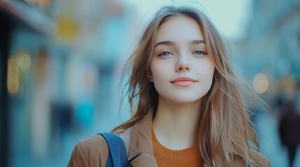 Wall Mural - Young woman with light brown hair and blue eyes, smiling gently, standing outdoors on a city street.