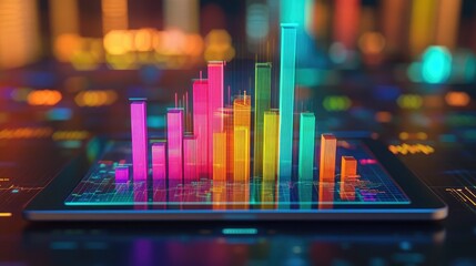 Poster - A digital D bar graph emerging from a tablet screen, representing real-time financial data and analytics, with vibrant bars illustrating increasing revenues and performance.