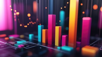 Poster - A dynamic D bar graph with vibrant colors representing different financial metrics, rising from a sleek platform, with lines and numbers floating in the background.