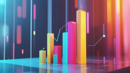 Poster - A dynamic D bar graph with vibrant colors representing different financial metrics, rising from a sleek platform, with lines and numbers floating in the background.