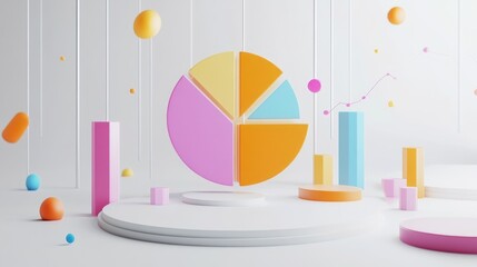 Fototapete - A dynamic D pie chart illustrating survey results, with animated segments expanding and retracting, set against a clean white background to emphasize clarity and engagement in data presentation.