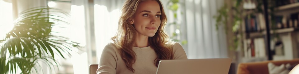 Wall Mural - A woman is sitting at a table with a laptop in front of her. She is smiling and she is enjoying her work