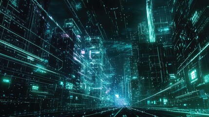 Poster - A futuristic cityscape connected by glowing digital lines, symbolizing a vast digital network, with data streams flowing between buildings and devices.