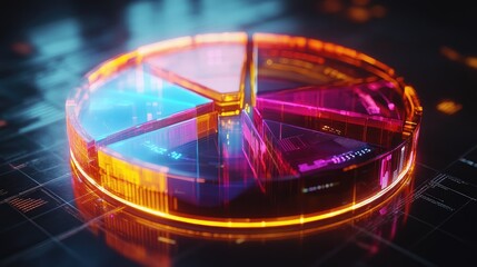 Poster - A glowing D pie chart with transparent sections, hovering in a digital space, with each segment representing different financial data points and percentages.